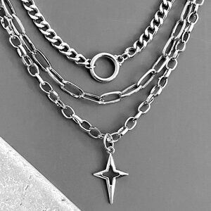 NEW! 3 pcs/set, layered silver necklaces, north STAR edgy punk goth street
